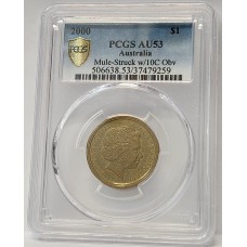 AUSTRALIA 2000 . ONE 1 DOLLAR COIN . ERROR . MULE . STRUCK ON TEN 10 CENTS